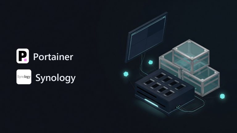 Portainer and Synology logos beside an illustration for the article: Install Portainer on Synology NAS (Container Manager, 2026): Step-by-Step