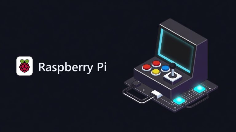 Raspberry Pi logo beside an illustration for the article: The Ultimate Guide to Raspberry Pi Gaming: Build Your Own Retro Arcade