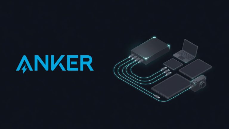 Anker logo beside an illustration for the article: Anker USB C Charger, 65W 4 Port PIQ: Compact Powerhouse