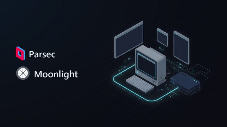 Parsec and Moonlight logos beside an illustration for the article: Parsec Remote Desktop 2026: Free vs Paid, Latency & Moonlight