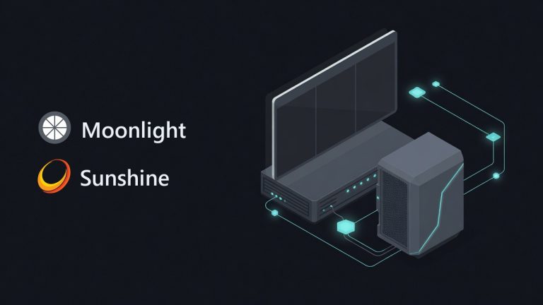 Moonlight and Sunshine logos beside an illustration for the article: Moonlight + Sunshine: Free Open-Source Remote Gaming Stream (2026)