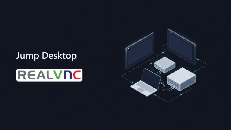 Jump Desktop and RealVNC logos beside an illustration for the article: Jump Desktop 2026: Price, Free Version & vs RealVNC