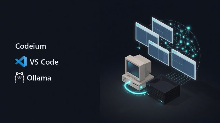 Codeium, VS Code and Ollama logos beside an illustration for the article: Codeium in VS Code with Ollama: coding faster without leaving your network