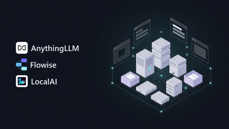AnythingLLM, Flowise and LocalAI logos beside an illustration for the article: AnythingLLM vs Flowise vs LocalAI: Self-Hosted RAG Compared