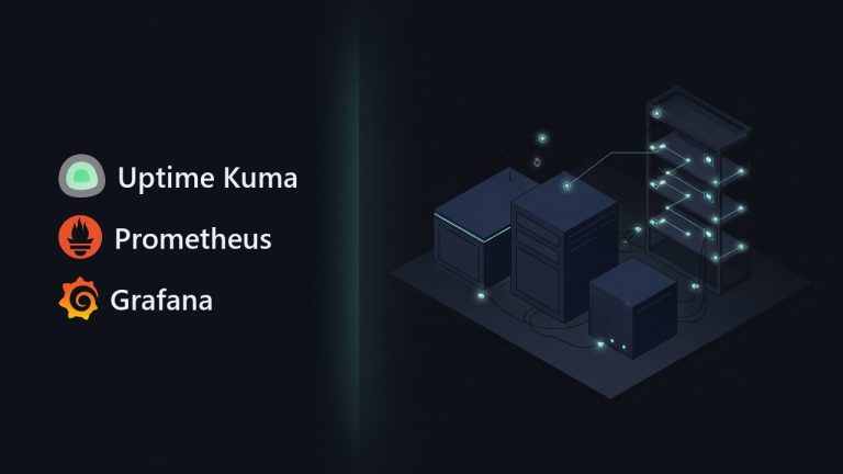 Uptime Kuma, Prometheus and Grafana logos beside an illustration for the article: Uptime Kuma vs Prometheus vs Grafana: Which Should You Self-Host?